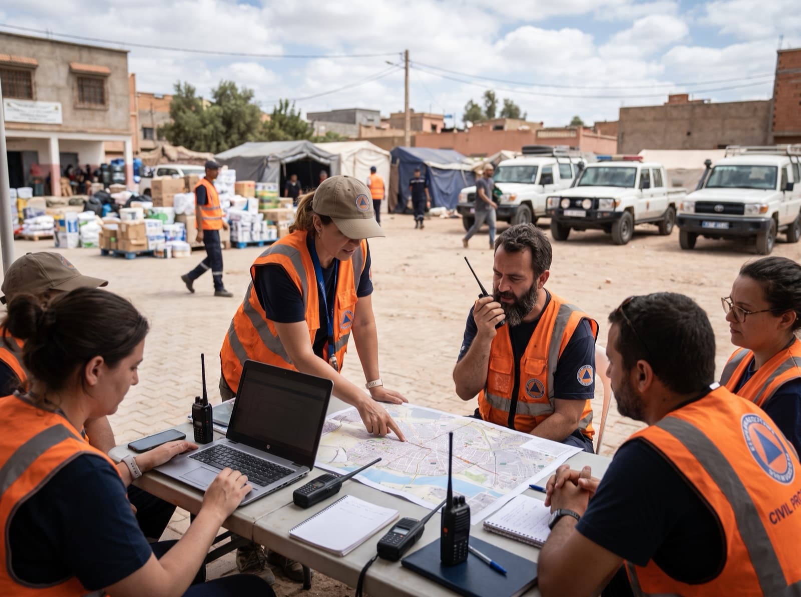 Equipo de voluntarios coordinando ayuda con ordenadores y un mapa de la ciudad