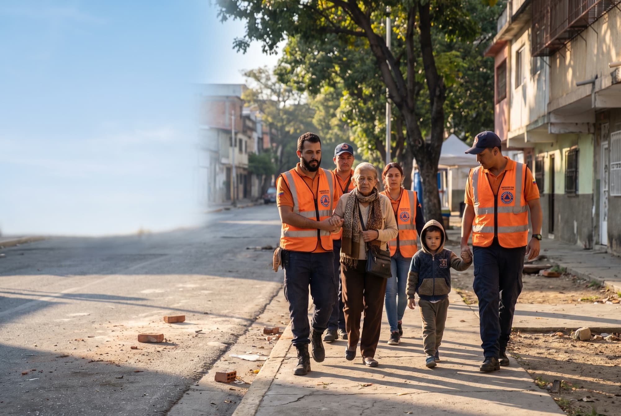 Voluntarios de protección civil acompañando a una señora mayor y a un niño a un lugar seguro tras el terremoto