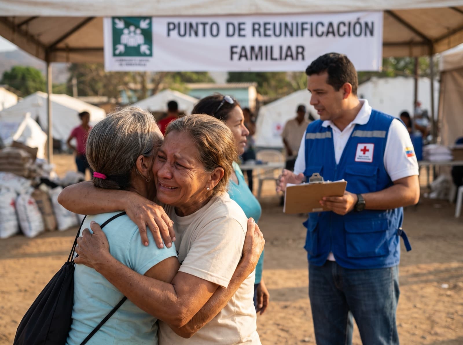 Familia reuniéndose y abrazándose con alivio